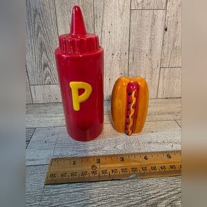Red Ketchup Bottle and Hot Dog Salt and Pepper Shakers